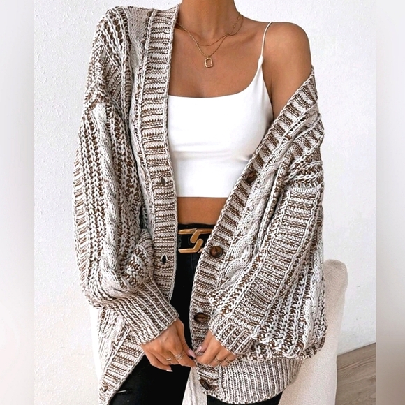 Sweaters - New Boho Chunky Cable Knit Cardigan Sweater Cream White Brown